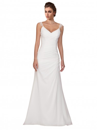 Best V-Neck Sheath Chiffon Wedding Dress with Straps