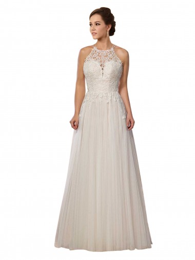 Best Illusion Halter Lace Boho Wedding Dress with Plunging Sweetheart Bodice