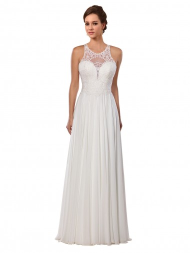 Best Illusion Neck A-Line Lace and Chiffon Beach Wedding Dress