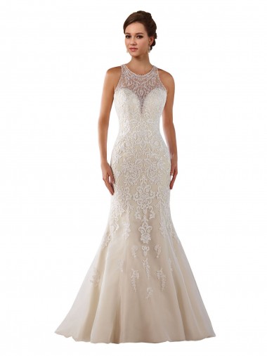 Best High Neck Mermaid Lace Wedding Dress with Illusion Back