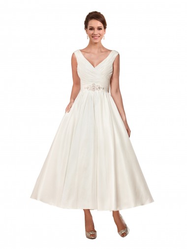 Best V-Neck A-Line Short Ankle Length Satin Wedding Dress
