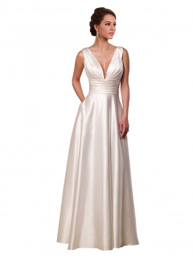 Best Deep V-Neck A-Line Satin Wedding Dress with Pockets