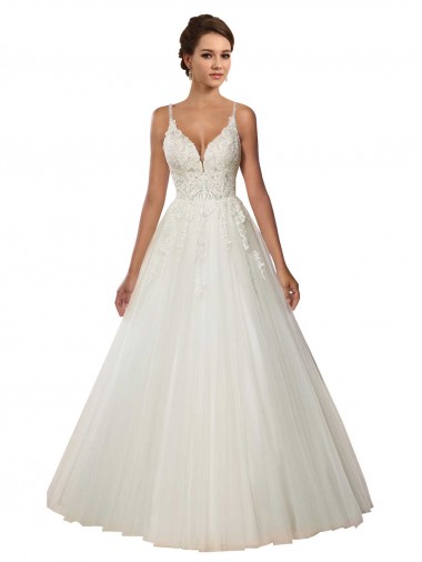 Best Modern Spaghetti Straps Ball Gown Tulle Wedding Dress with Lace Bodice