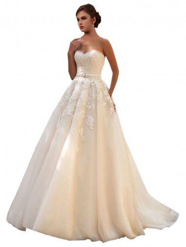 Best Sweetheart Ball Gown Tulle Wedding Dress with Lace Bodice