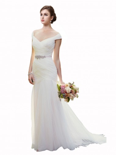 Best Cap Sleeves Off the Shoulder Ruched Mermaid Tulle Beach Wedding Dress