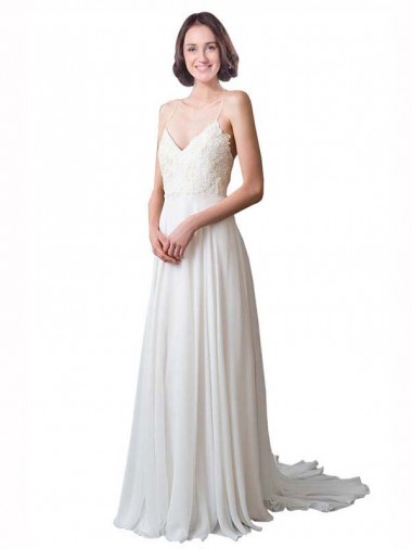 Best Spaghetti Straps V-Neck A-Line Chiffon Beach Wedding Dress