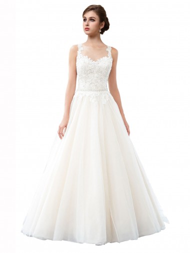 Best Illusion Neck A-Line Tulle Beach Wedding Dress with Lace Bodice