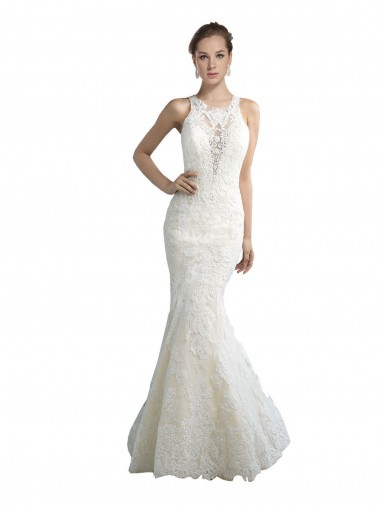 Best Deep Illusion Neck Mermaid Tulle Beach Wedding Dress with All Over Lace