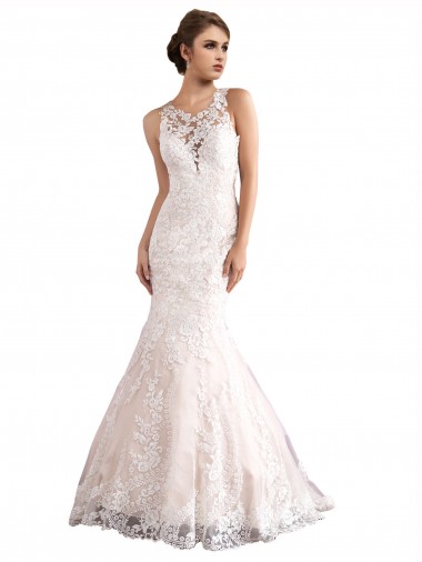 Best Illusion Neck Fit and Flare Tulle Wedding Dress with All Over Lace