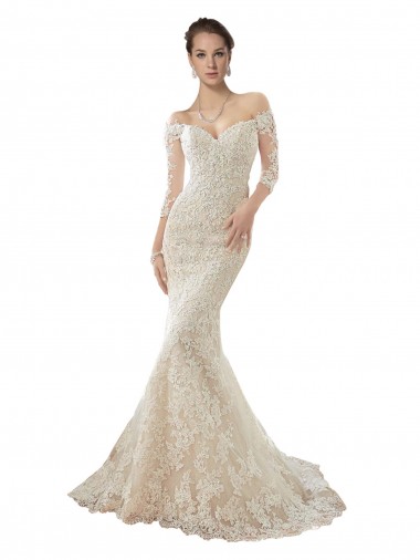 Best Long Sleeves Off the Shoulder Trumpet Lace Wedding Dress