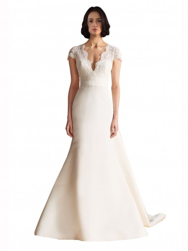 Best V-Neck Lace Bodice A-Line Satin Wedding Dress with Keyhole Back