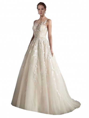 Best Illusion Neck A-Line Tulle Wedding Dress