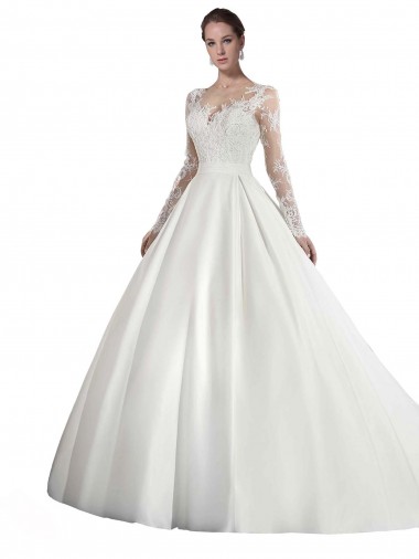 Best Long Sleeves Illusion Neck A-Line Satin Wedding Dress with Lace Bodice