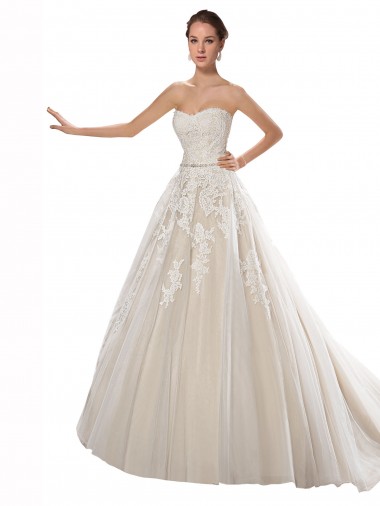 Best Strapless Ball Gown Tulle Wedding Dress with Lace Cascades