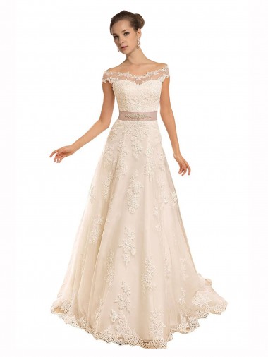 Best Off the Shoulder Illusion Back A-Line Lace Beach Wedding Dress