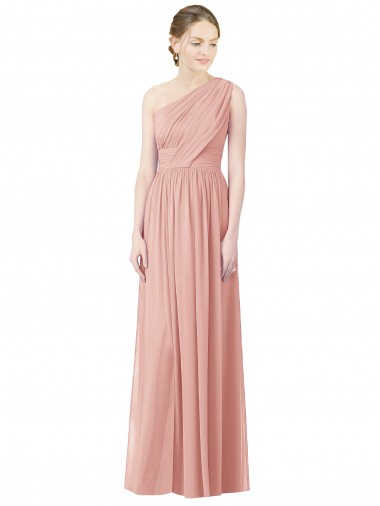 Best One Shoulder Long Chiffon Bridesmaid Dress with Shirred Waistband