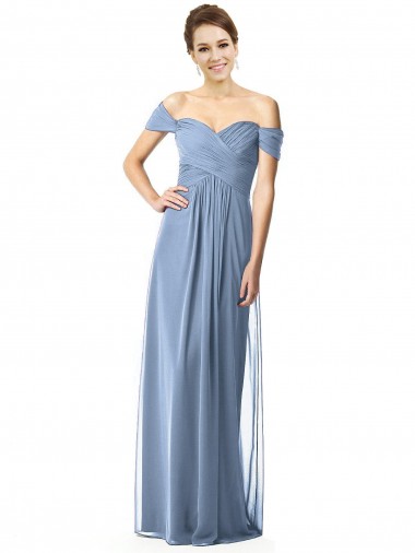 Best Off the Shoulder Chiffon Bridesmaid Dress with Draped Bodice