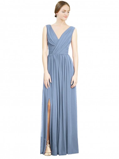 Best Sleeveless Draped Chiffon Maxi Bridesmaid Dress with Front Slit