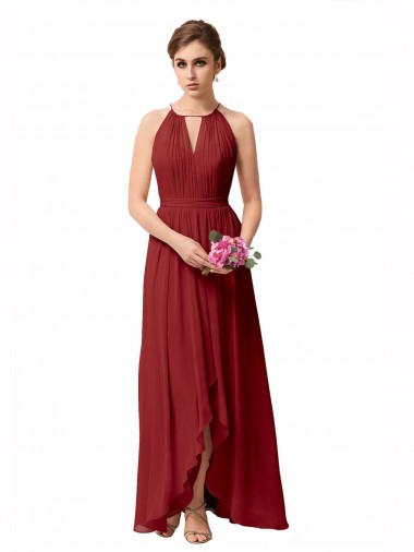 Best High Low Long Halter Keyhole Chiffon Bridesmaid Dress