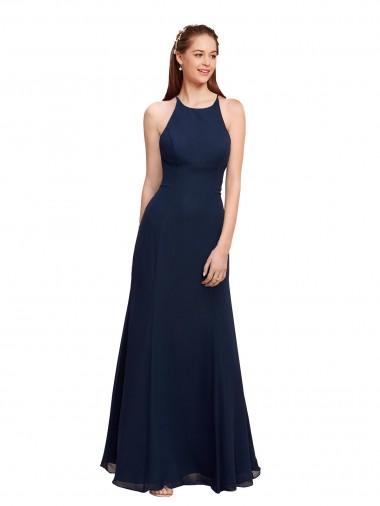 Best High Halter Fit and Flare Long Chiffon Bridesmaid Dress / Prom Dress with Criss Cross Low Back