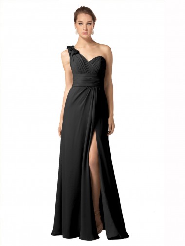 Best Sheer One Shoulder Chiffon A-Line Bridesmaid Dress with Slit