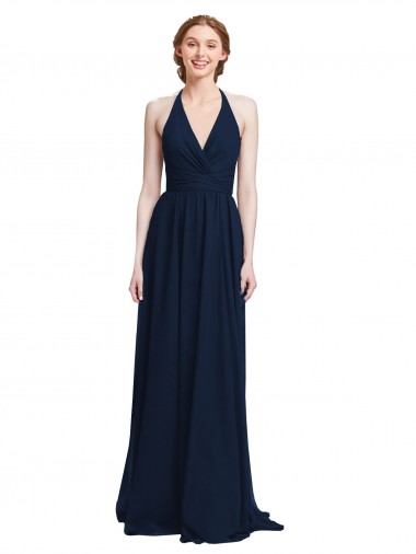 Best Halter Chiffon Bridesmaid Dress with V-Neckline and Criss Cross Waist