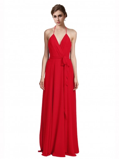 Best V-Neck Spaghetti Halter Strap Chiffon Bridesmaid Dress