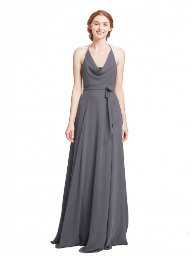 Best Spaghetti Strap Long Chiffon Bridesmaids Dress with Halter Cowl Neck