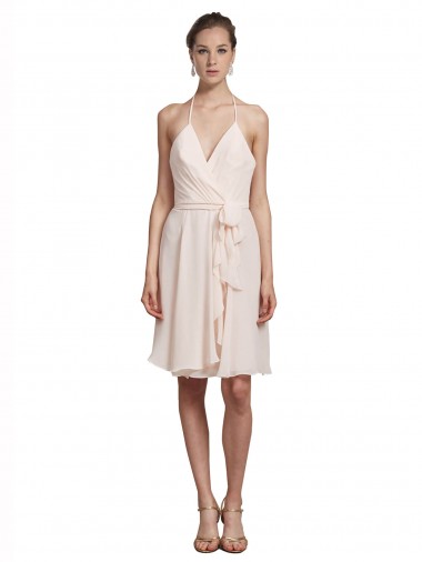 Best Short Knee Length Wrap Chiffon Halter Bridesmaids Dress