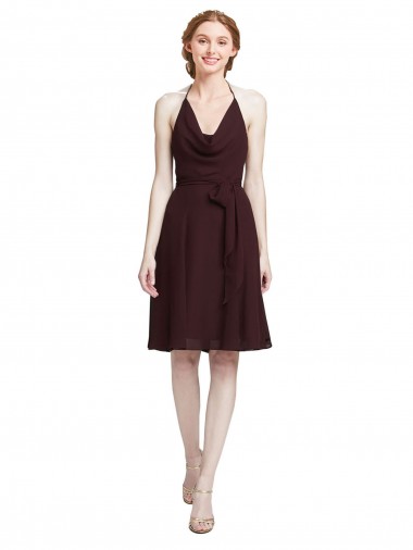 Best Short Knee Length Chiffon Bridesmaids Dress with Halter Cowl Neck