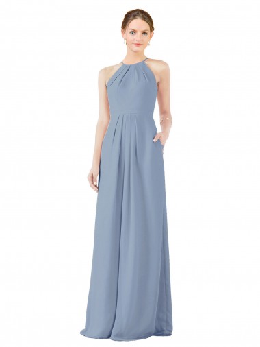 Best Fitted Long High Halter Neck Chiffon Bridesmaid Dress with Keyhole Back