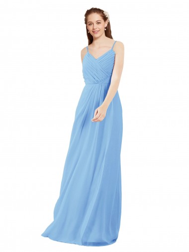 Best Pleated Low Back Long V-Neck Chiffon Bridesmaid Dress with Thin Straps