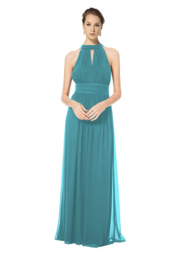 Best Ruched Long Chiffon Halter Bridesmaid Dress with Tie Back and Tails