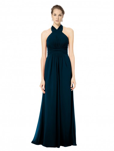 Best Keyhole Back Long Chiffon Halter Dress with Halter Straps Cross Neck
