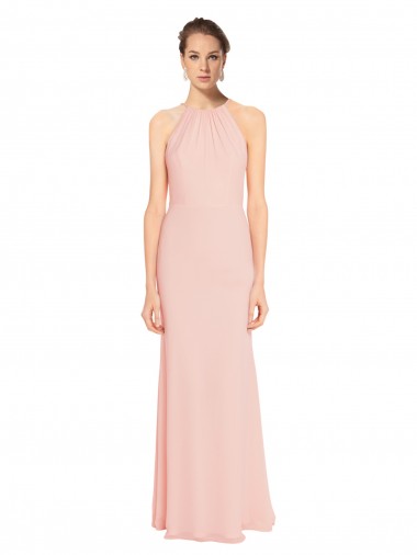 Best High Neck Long Chiffon Halter Bridesmaid Dress with Drape Chiffon Overlay