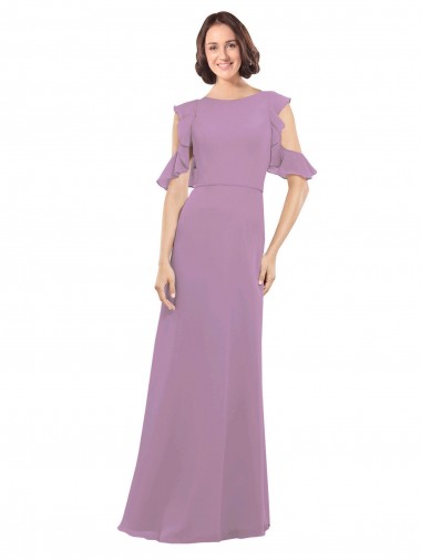 Best Long Chiffon Bridesmaids Dress with Flounced Sleeve Detail and Criss Cross Back