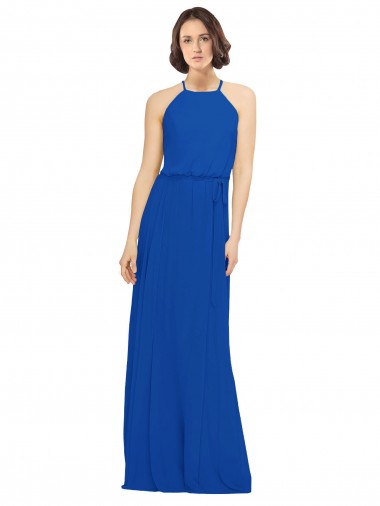 Best Long Jewel Neckline Chiffon Bridesmaids Dress wit Chiffon Tie Sash