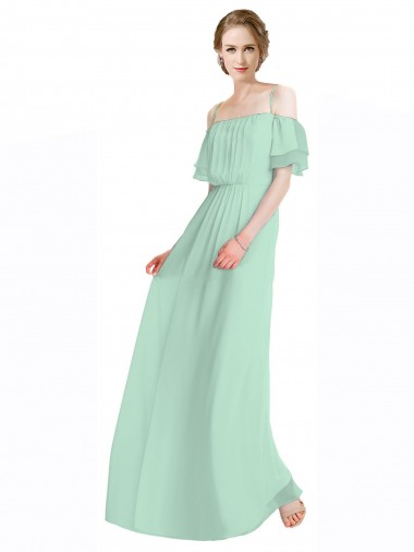 Best Spaghetti Straps Long Chiffon Off-The-Shoulder Bridesmaid Dress with Double Flounce Sleeves