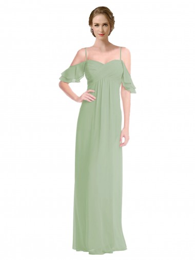 Best Long Chiffon Off-The-Shoulder Bridesmaid Dress with Double Flounce Sleeves