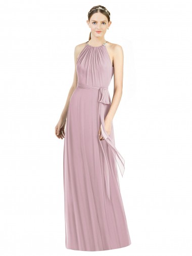 Best Shirred Halter Neck Long Chiffon Bridesmaid Dress