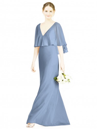 Best V-Back Trumpet Chiffon Bridesmaid Dress with Draped Cape Overlay