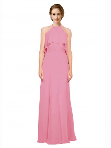 Best Ruffle Halter Neck A-Line Chiffon Bridesmaid Dress with Open Back