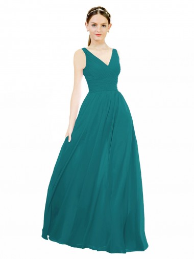 Best Figure Flattering Chiffon Bridesmaid Dress with Draped V-Neck Bodice