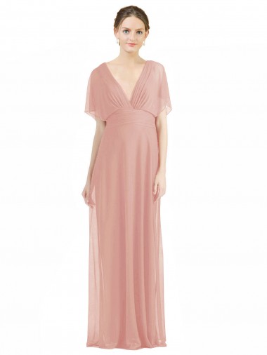 Best Draped Short Sleeves Long Chiffon A-Line Bridesmaid Dress