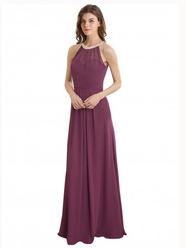 Best High Neckline Long Chiffon Bridesmaid Dress with Beaded Trim