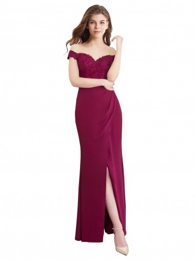 Best Off the Shoulder Chiffon Bridesmaid Dress with Lace Appliques and Front Slit