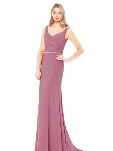 Best Long Slim Chiffon Bridesmaid Dress / Prom Dress with Beaded Waist