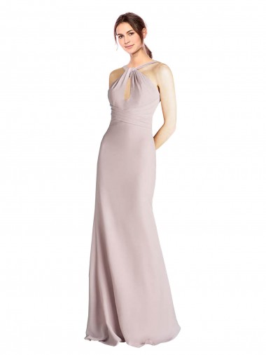 Best Long Slim Chiffon Bridesmaid Dress with Ruffled Waist and Keyhole