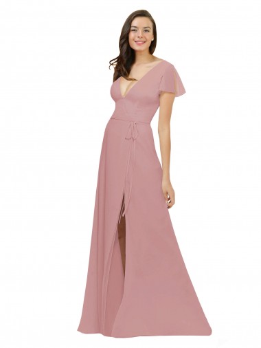 Best Flutter Sleeves Short Chiffon Bridesmaid Dress with Tie Belt