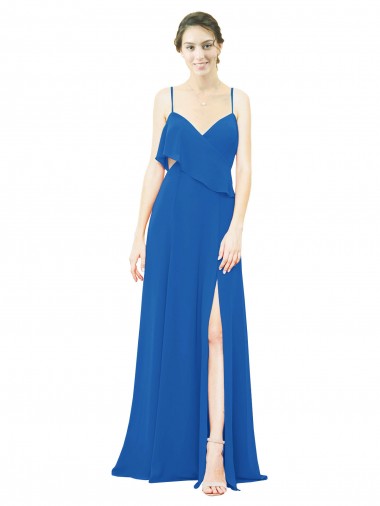 Best Spaghetti Strap Chiffon Bridesmaids Dress with Asymmetrical Ruffle and Front Slit